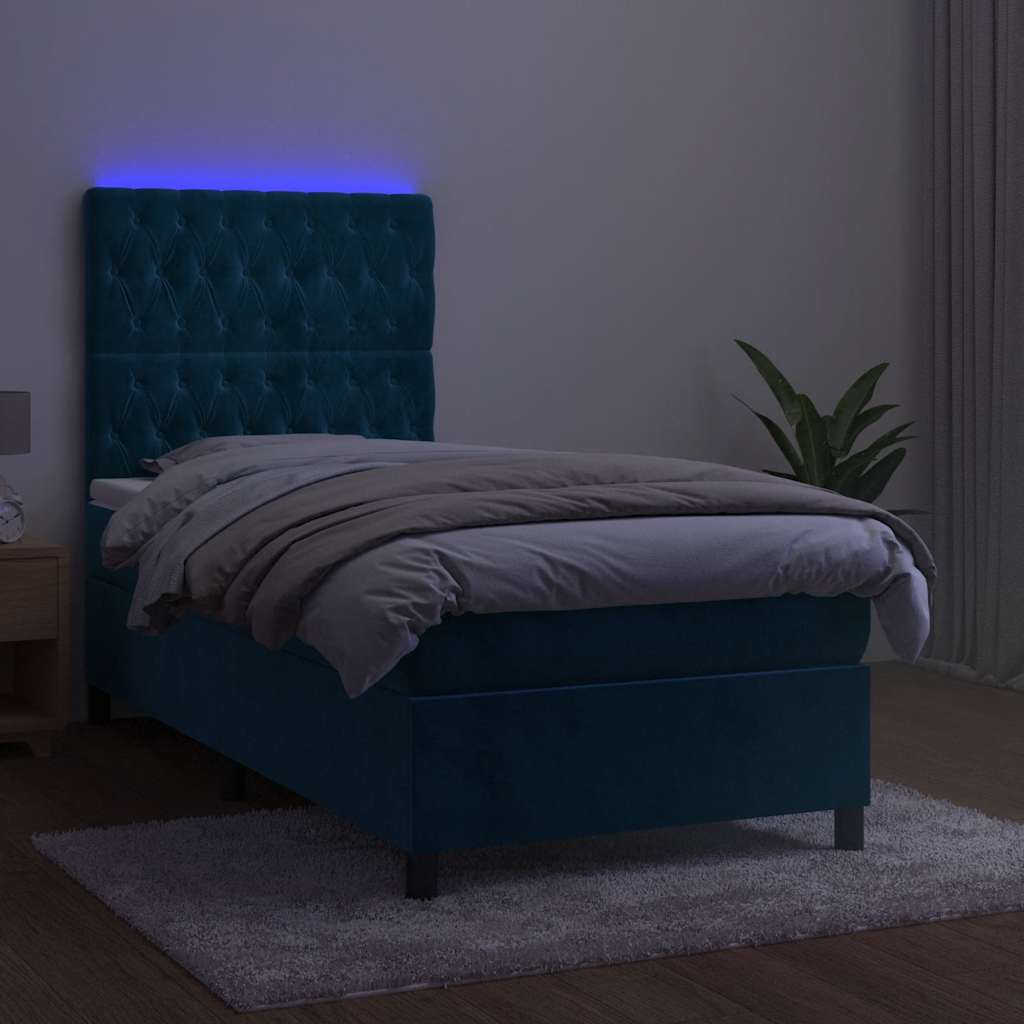 vidaXL Łóżko kontynentalne, materac i LED, niebieski aksamit 90x200 cm