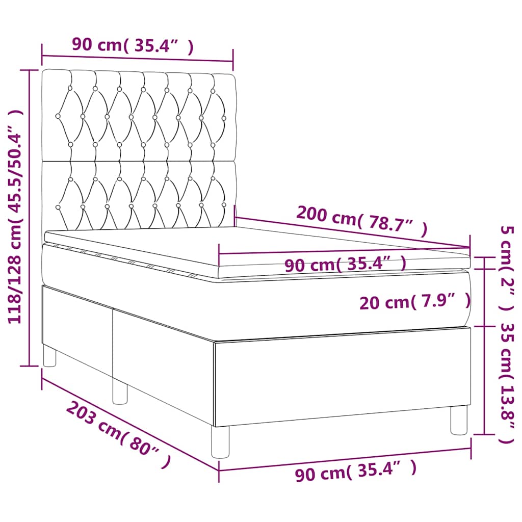 vidaXL Łóżko kontynentalne, materac i LED, niebieski aksamit 90x200 cm