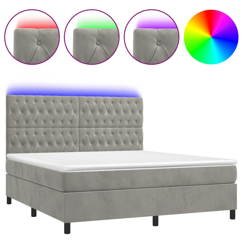 vidaXL Łóżko kontynentalne z materacem i LED, szare 180x200cm, aksamit
