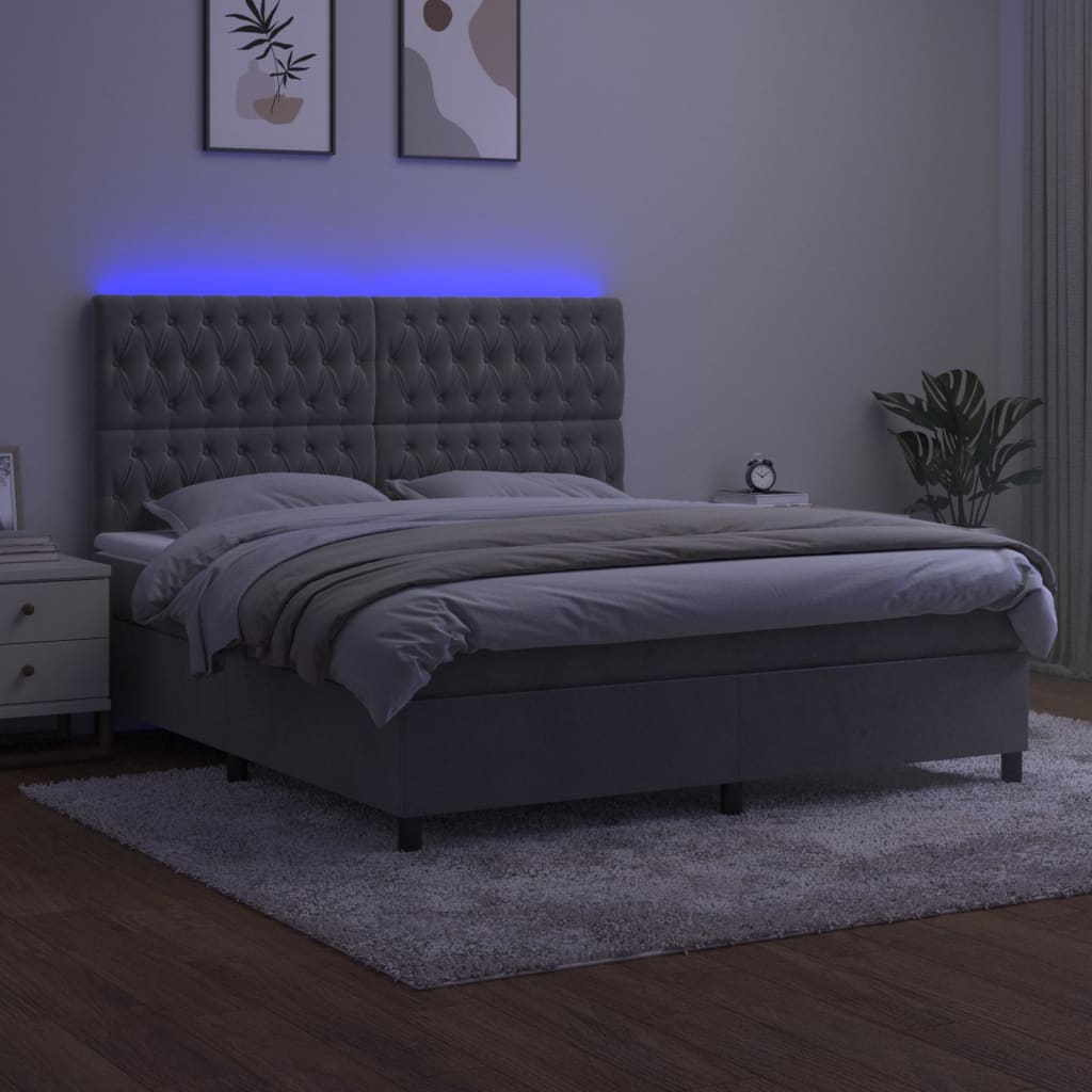vidaXL Łóżko kontynentalne z materacem i LED, szare 180x200cm, aksamit