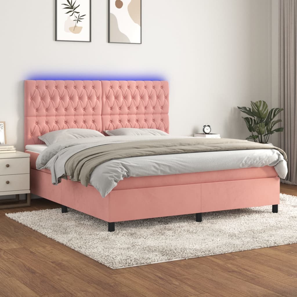 vidaXL Łóżko kontynentalne z materacem i LED, różowy aksamit 180x200cm
