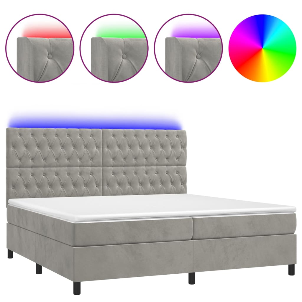 vidaXL Łóżko kontynentalne z materacem i LED, szare 200x200cm, aksamit