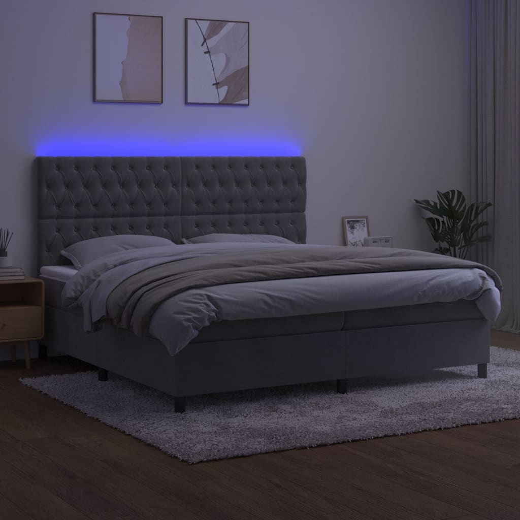 vidaXL Łóżko kontynentalne z materacem i LED, szare 200x200cm, aksamit