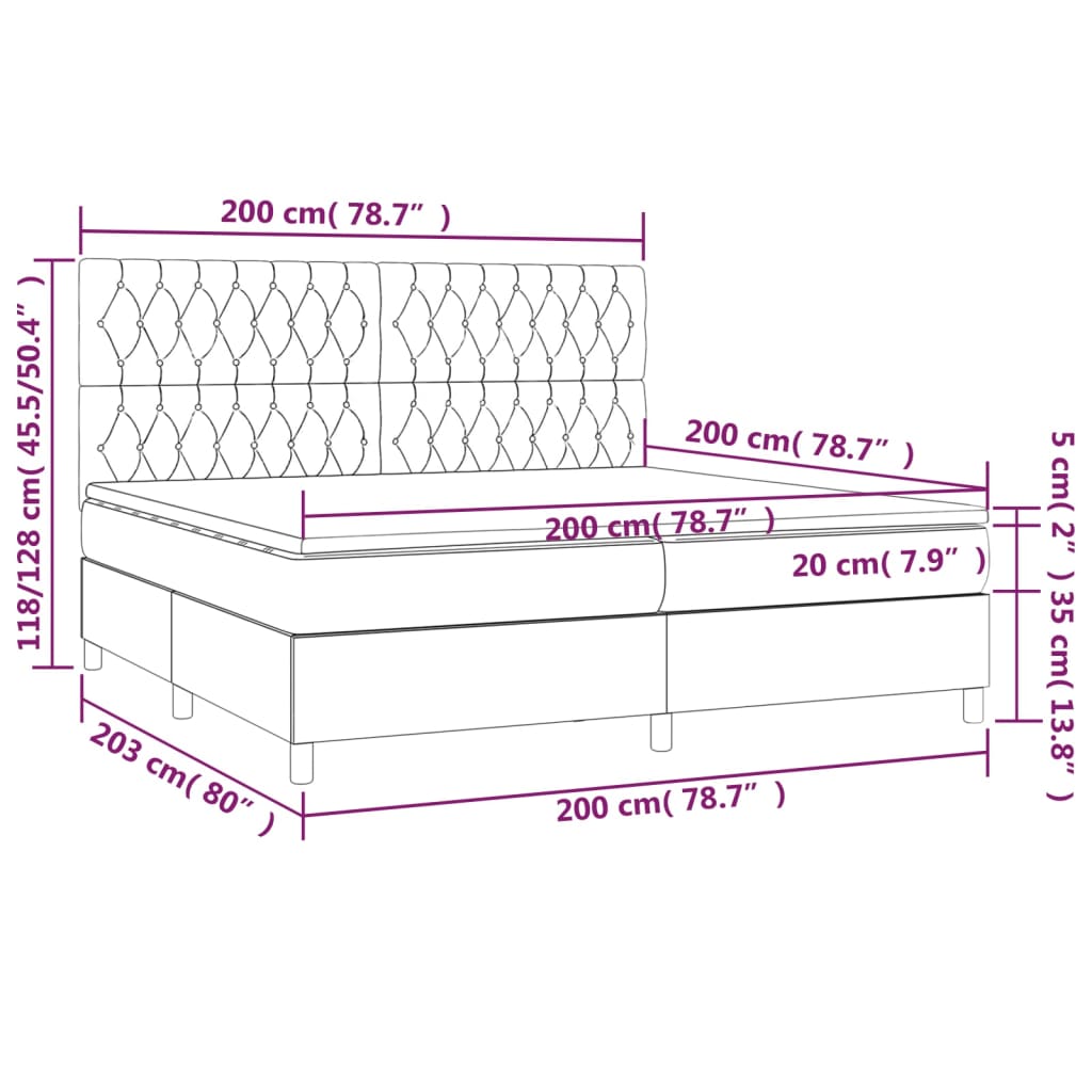 vidaXL Łóżko kontynentalne z materacem i LED, szare 200x200cm, aksamit