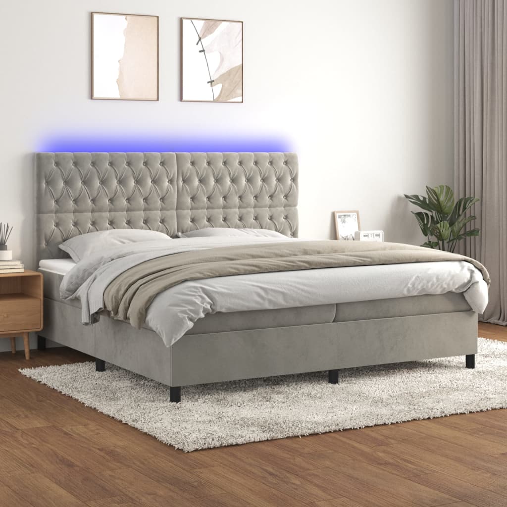 vidaXL Łóżko kontynentalne z materacem i LED, szare 200x200cm, aksamit