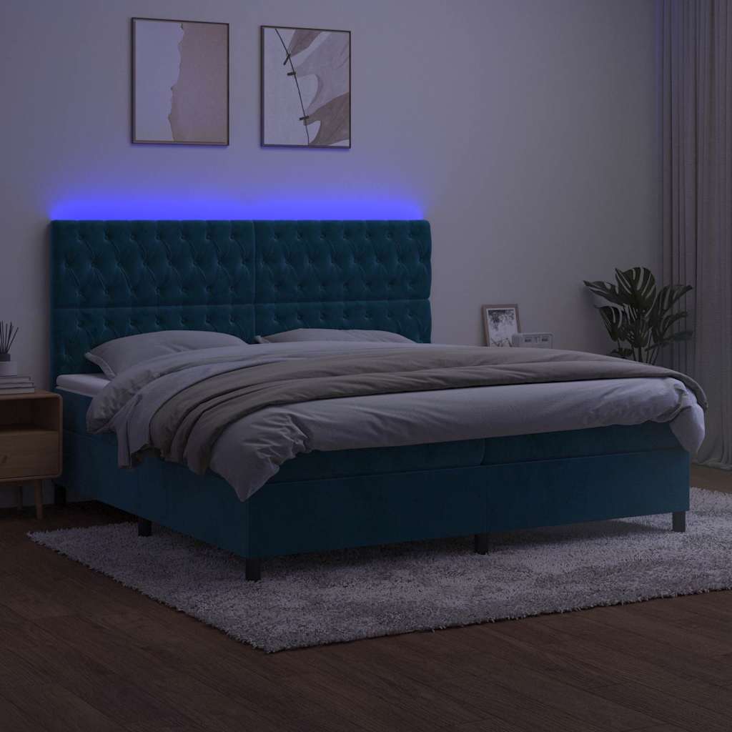 vidaXL Łóżko kontynentalne, materac i LED, niebieski aksamit 200x200cm