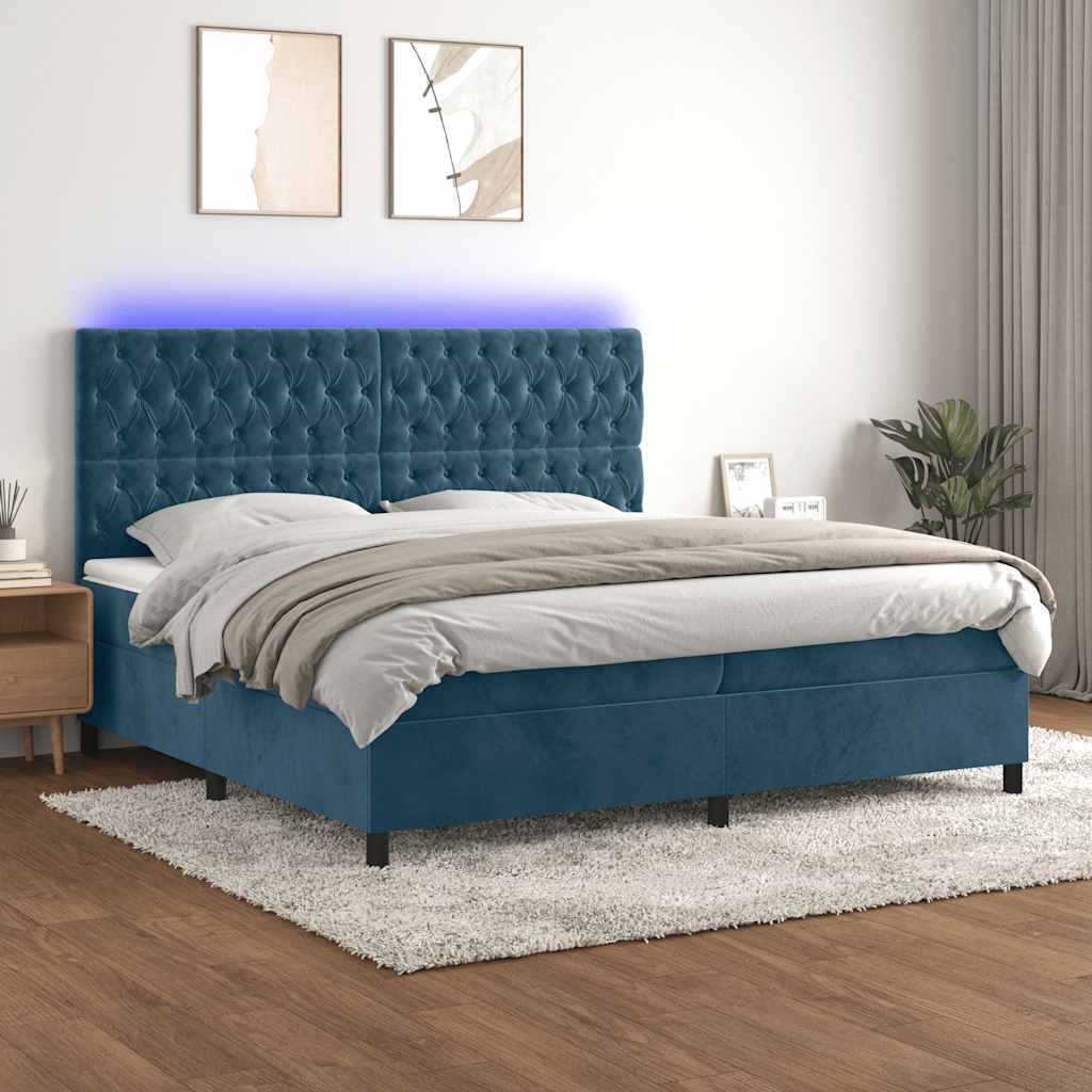 vidaXL Łóżko kontynentalne, materac i LED, niebieski aksamit 200x200cm