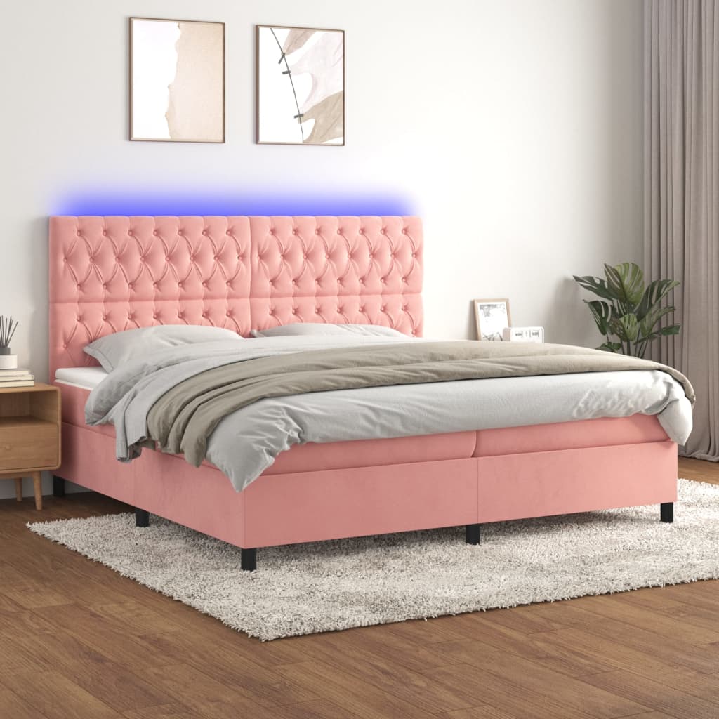 vidaXL Łóżko kontynentalne z materacem i LED, różowy aksamit 200x200cm