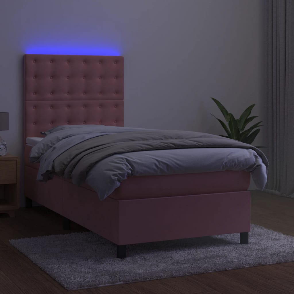 vidaXL Łóżko kontynentalne z materacem i LED, różowy aksamit 80x200 cm