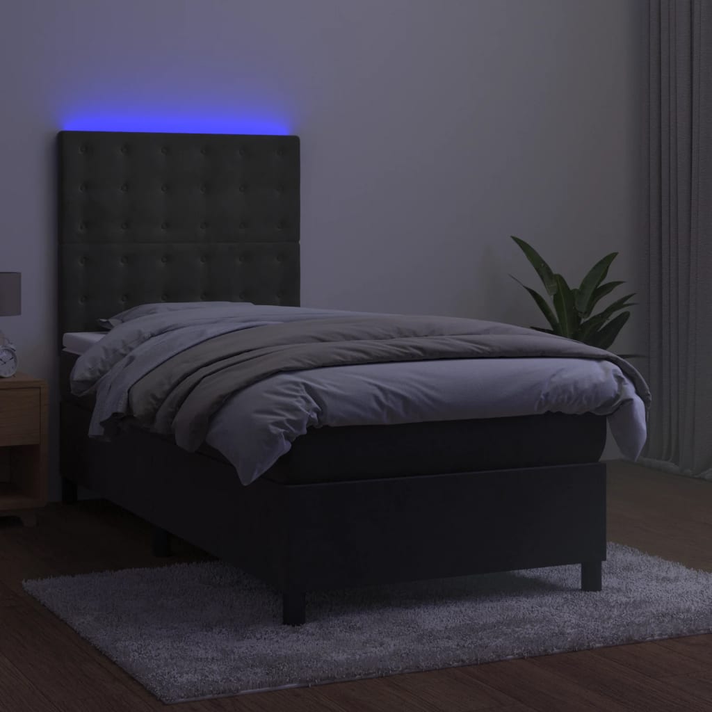 vidaXL Łóżko kontynentalne z materacem i LED, szary aksamit, 90x190 cm