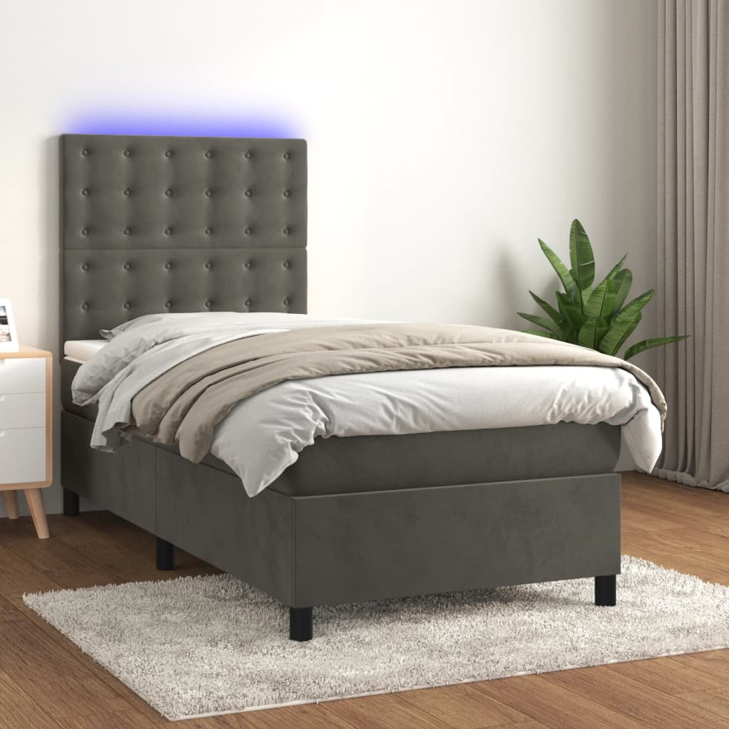 vidaXL Łóżko kontynentalne z materacem i LED, szary aksamit, 90x190 cm