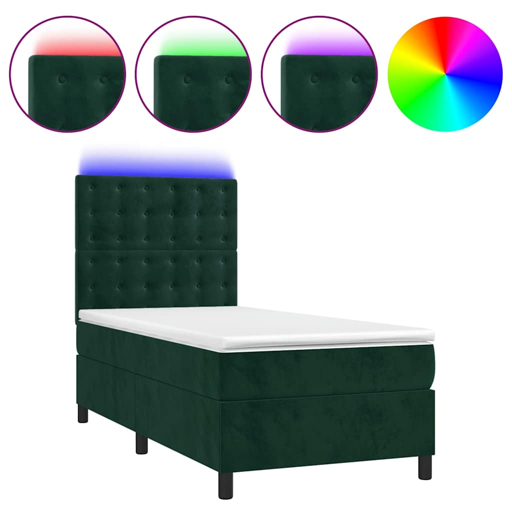 vidaXL Łóżko kontynentalne z materacem i LED zielony aksamit 90x190 cm