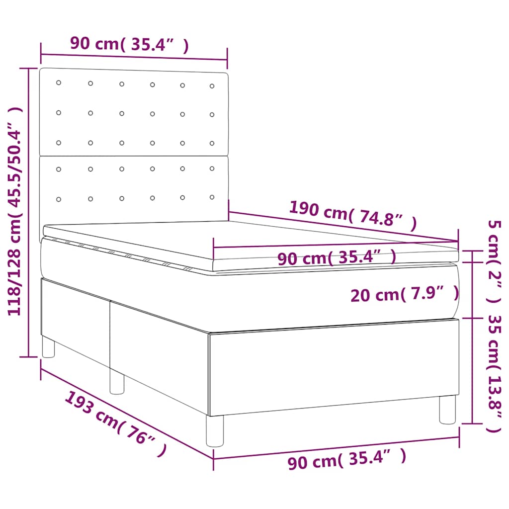vidaXL Łóżko kontynentalne z materacem i LED zielony aksamit 90x190 cm
