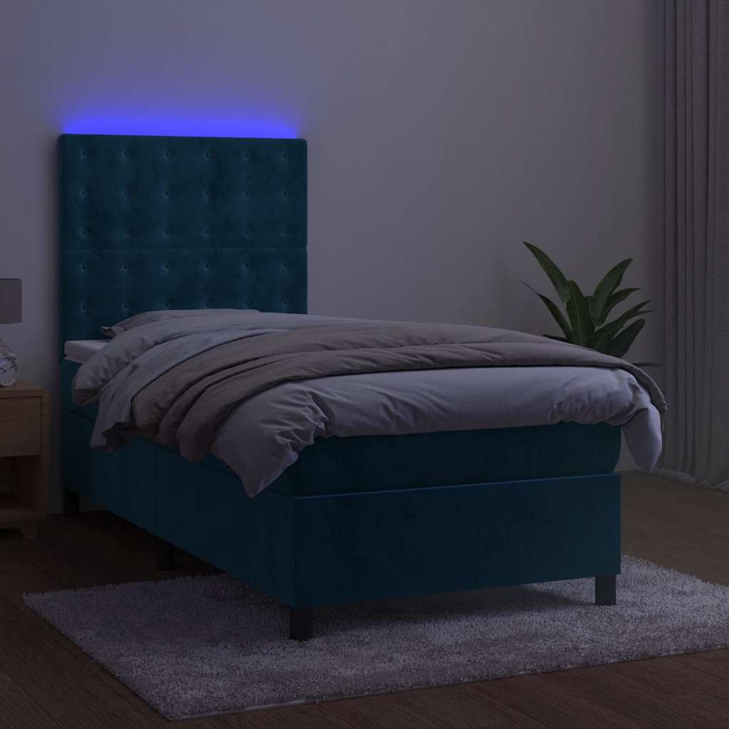 vidaXL Łóżko kontynentalne, materac i LED, niebieski aksamit 90x190 cm