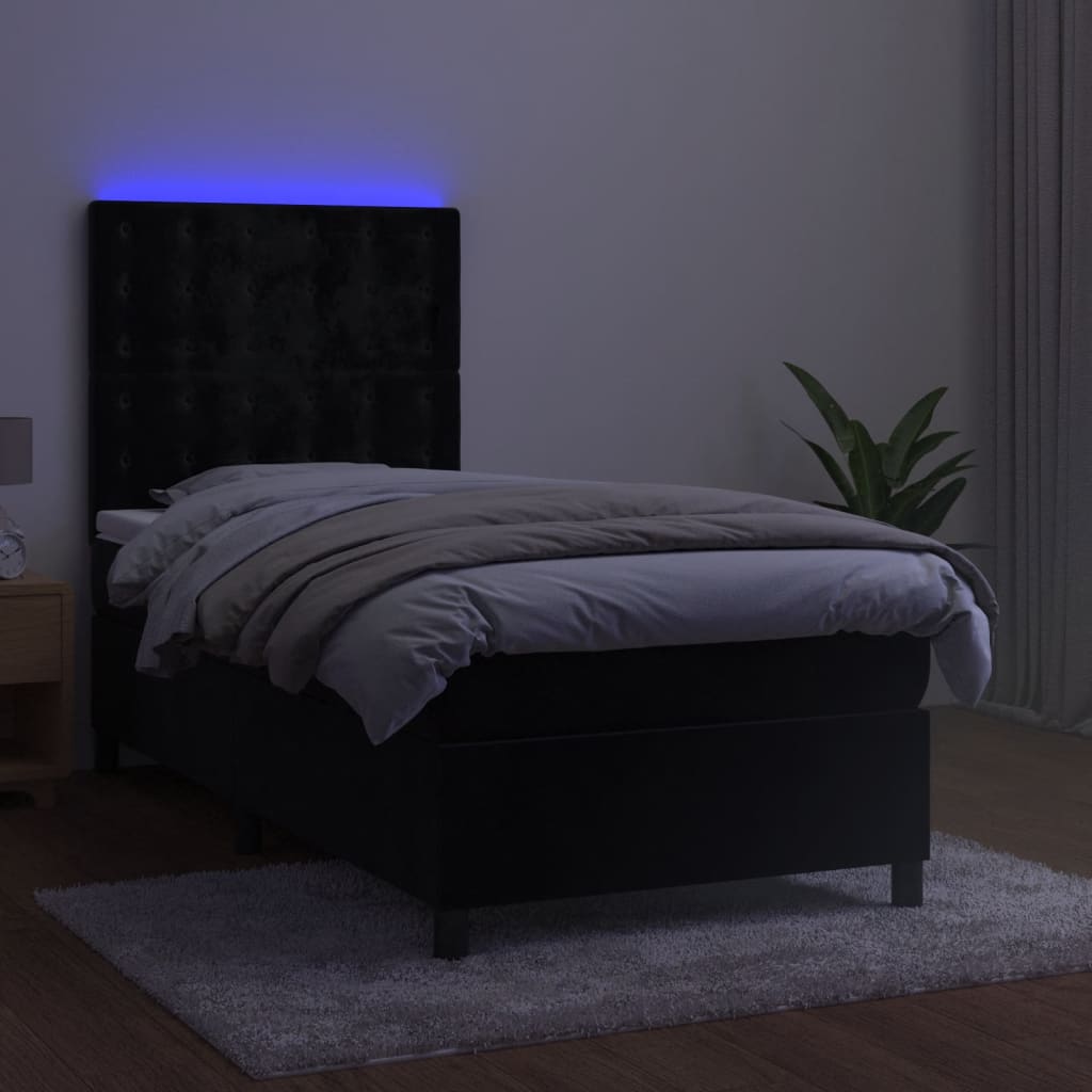 vidaXL Łóżko kontynentalne z materacem i LED, czarny aksamit 90x200 cm