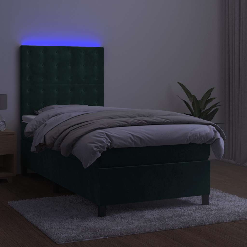 vidaXL Łóżko kontynentalne z materacem i LED zielony aksamit 90x200 cm