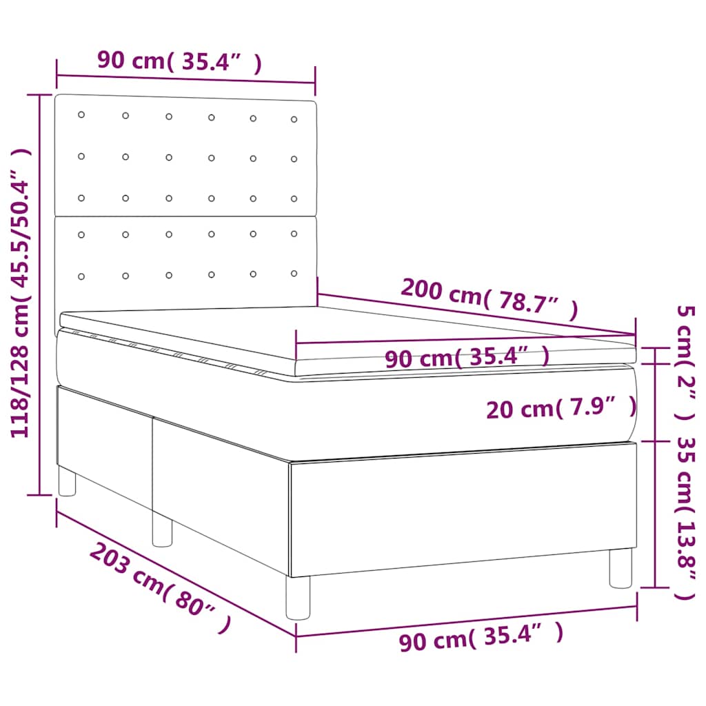 vidaXL Łóżko kontynentalne, materac i LED, niebieski aksamit 90x200 cm