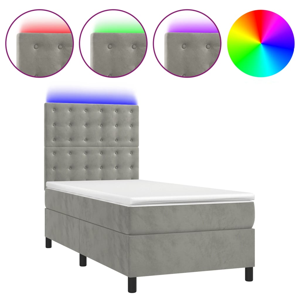 vidaXL Łóżko kontynentalne z materacem i LED, szare 100x200cm, aksamit
