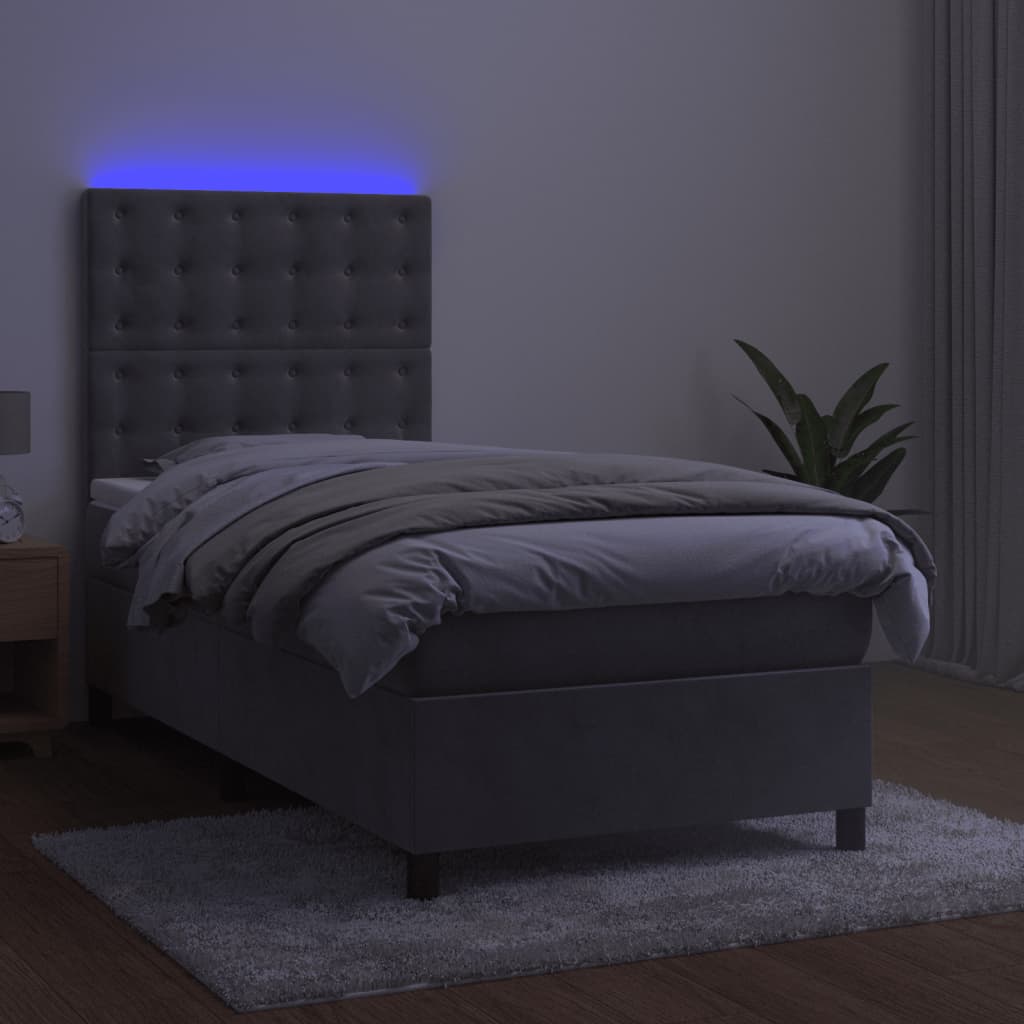 vidaXL Łóżko kontynentalne z materacem i LED, szare 100x200cm, aksamit