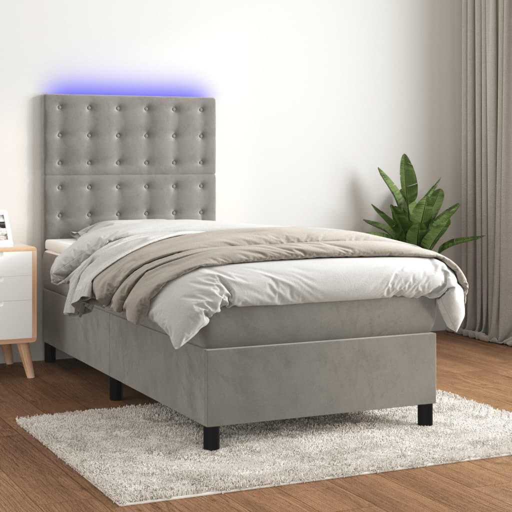 vidaXL Łóżko kontynentalne z materacem i LED, szare 100x200cm, aksamit
