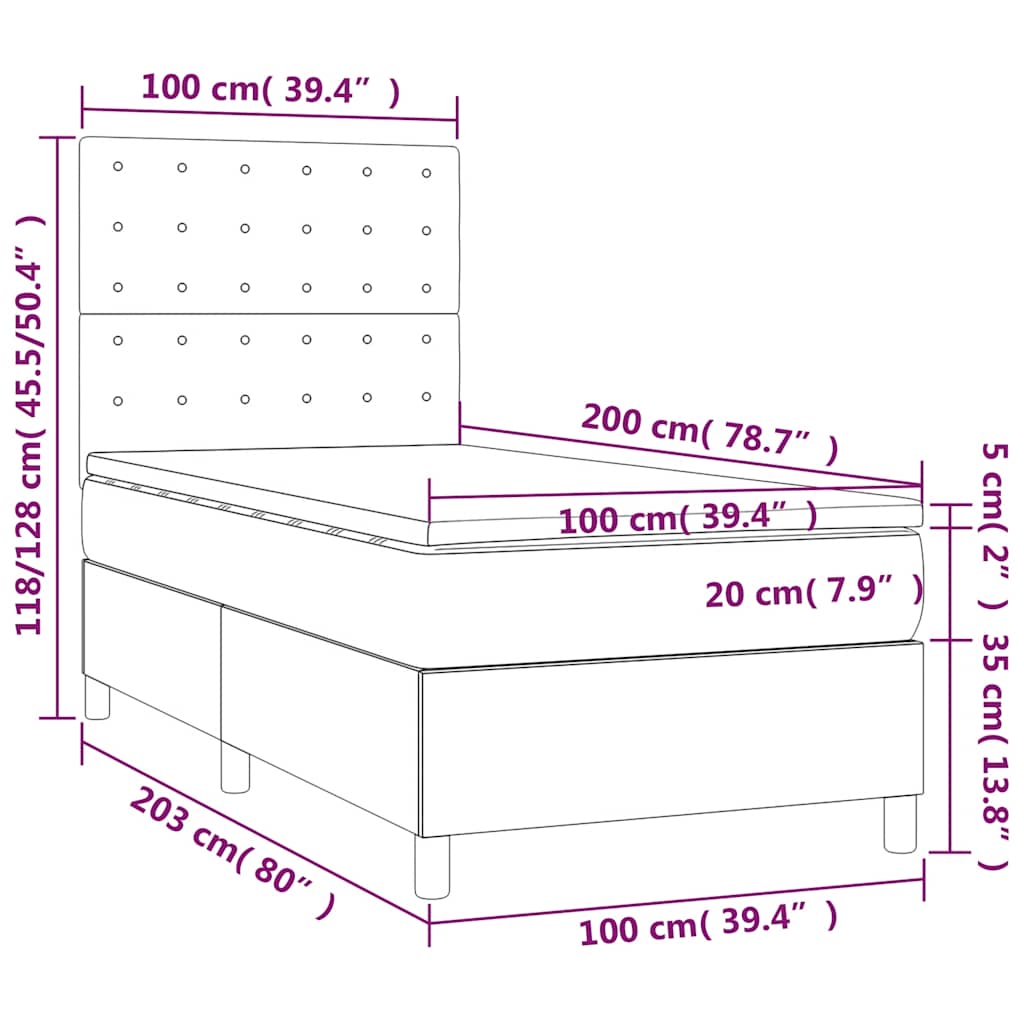 vidaXL Łóżko kontynentalne, materac i LED, niebieski aksamit 100x200cm