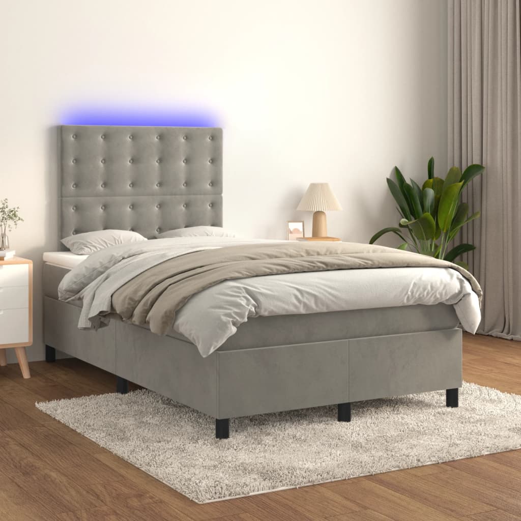 vidaXL Łóżko kontynentalne z materacem i LED, szare 120x200cm, aksamit
