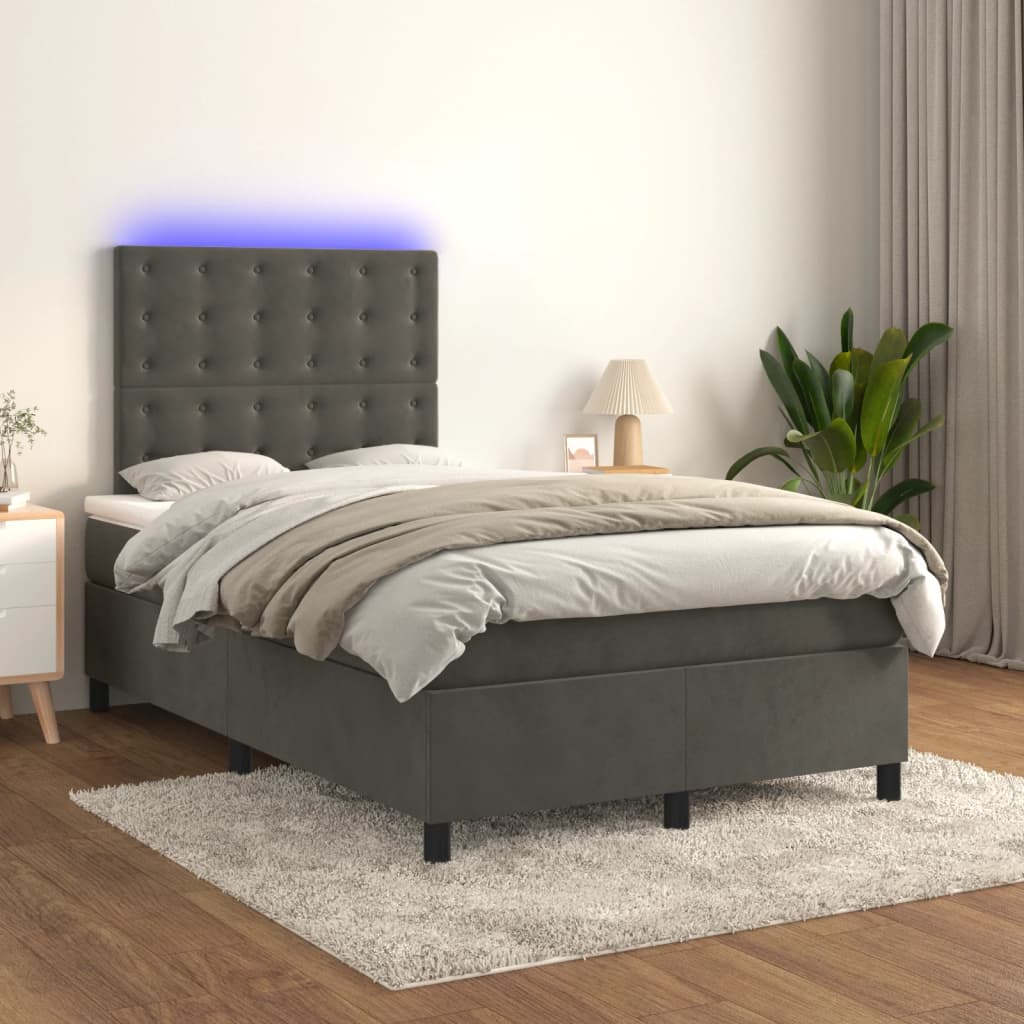 vidaXL Łóżko kontynentalne z materacem i LED, szary aksamit, 120x200cm
