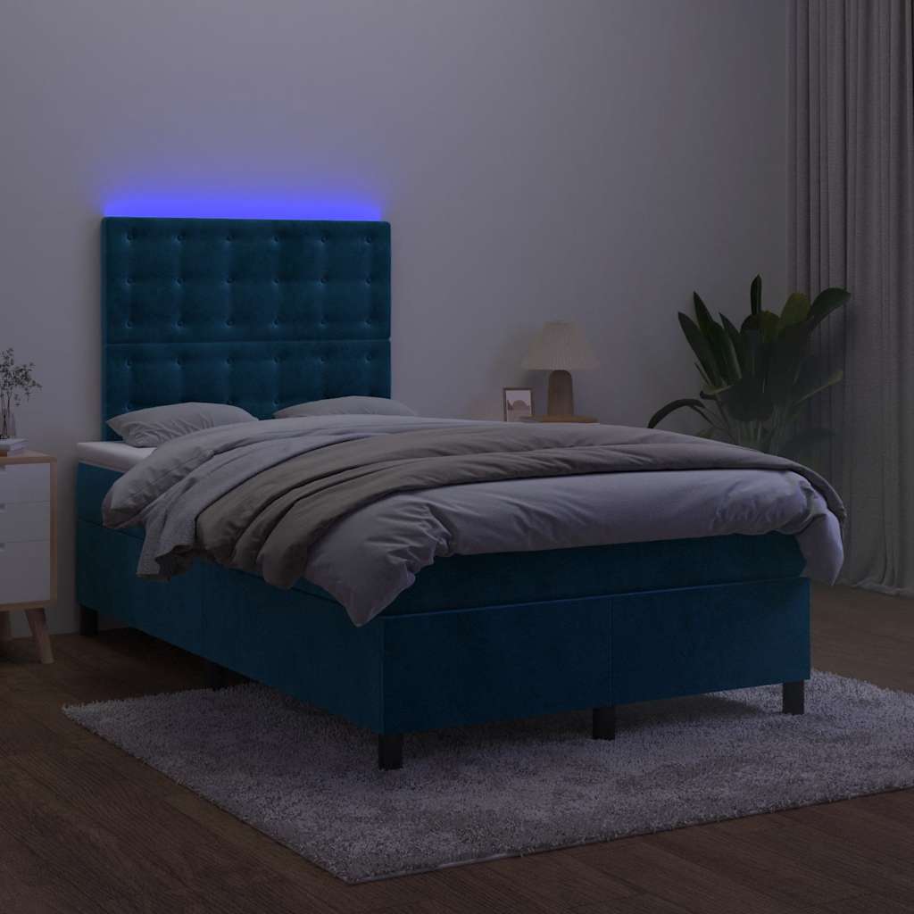 vidaXL Łóżko kontynentalne, materac i LED, niebieski aksamit 120x200cm