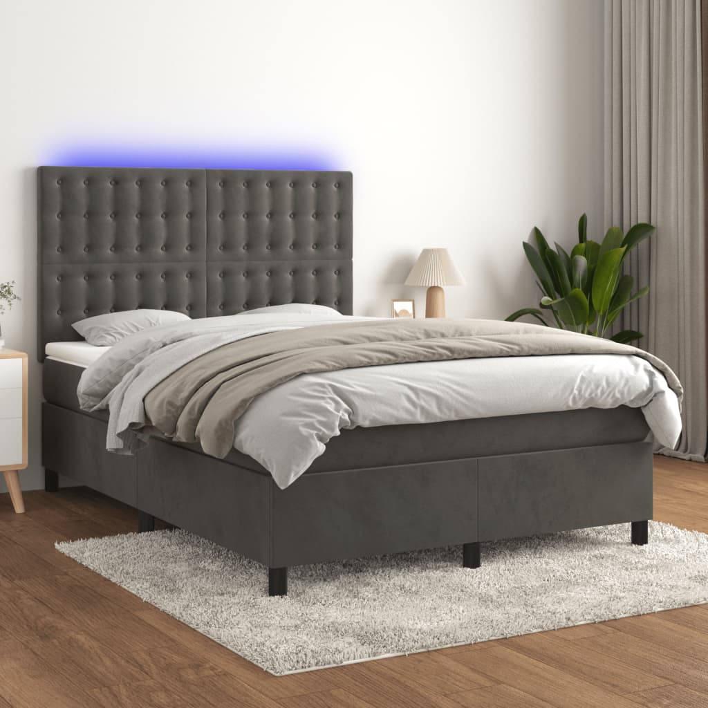 vidaXL Łóżko kontynentalne z materacem i LED, szary aksamit, 140x190cm
