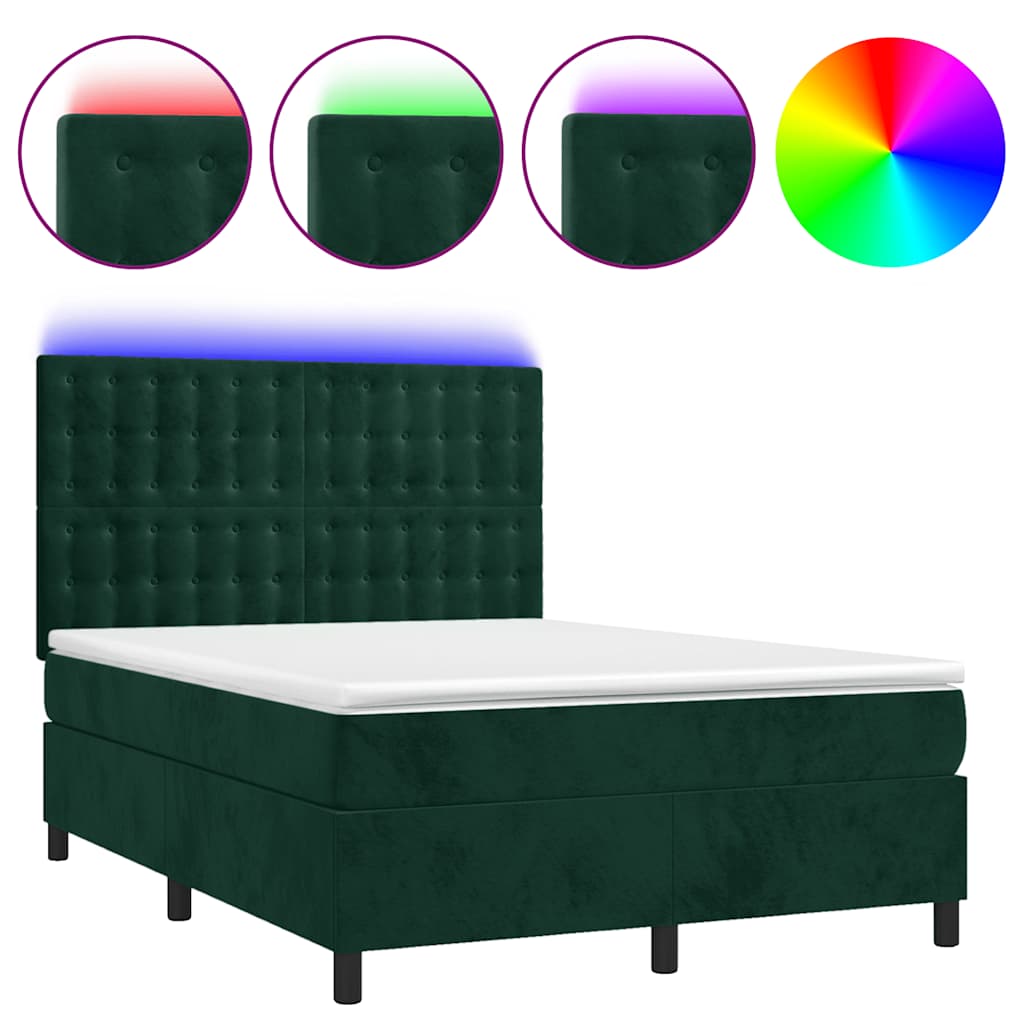 vidaXL Łóżko kontynentalne z materacem i LED zielony aksamit 140x190cm