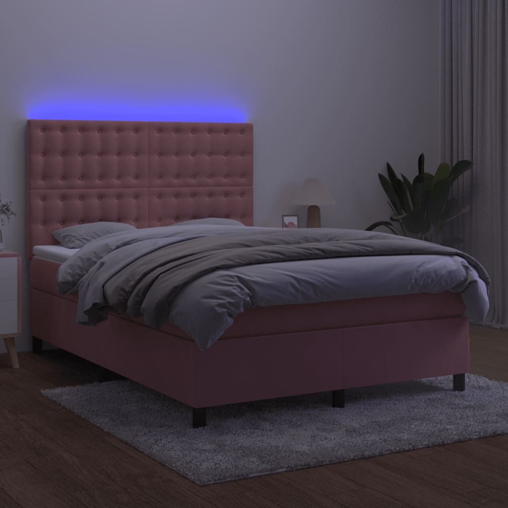vidaXL Łóżko kontynentalne z materacem i LED, różowy aksamit 140x190cm