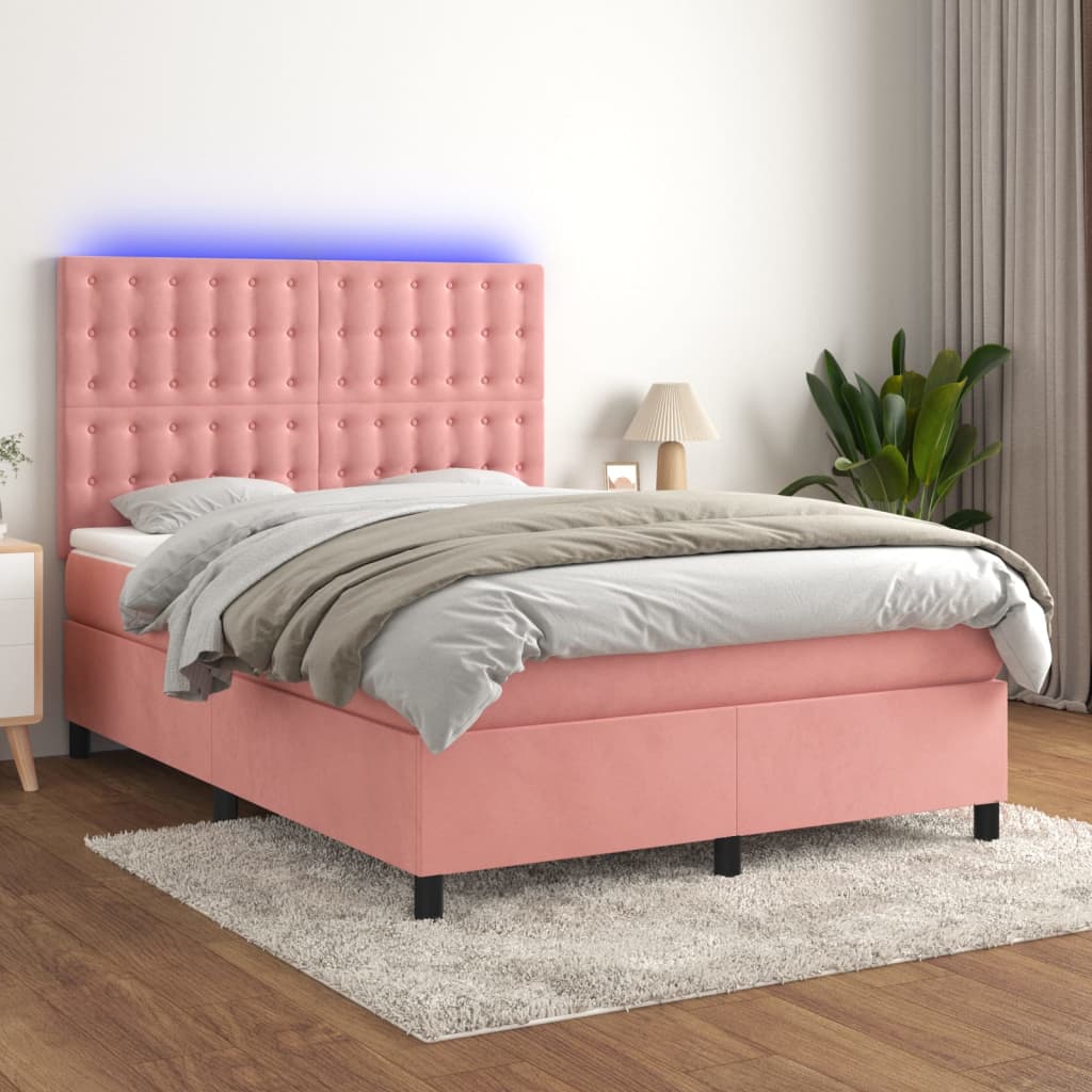vidaXL Łóżko kontynentalne z materacem i LED, różowy aksamit 140x190cm