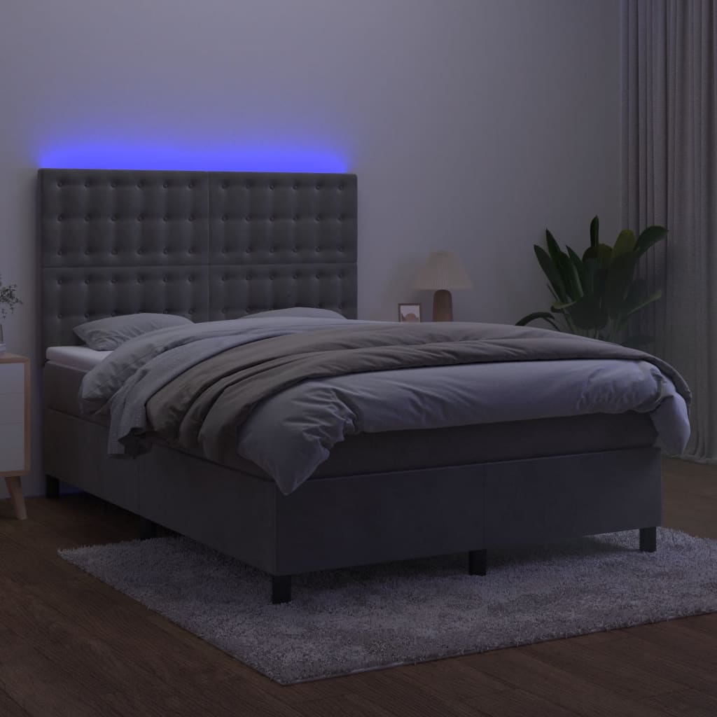 vidaXL Łóżko kontynentalne z materacem i LED, szare 140x200cm, aksamit