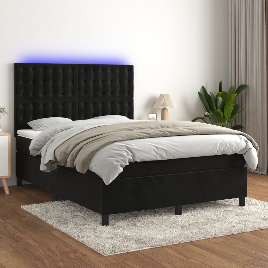 vidaXL Łóżko kontynentalne z materacem i LED, czarny aksamit 140x200cm