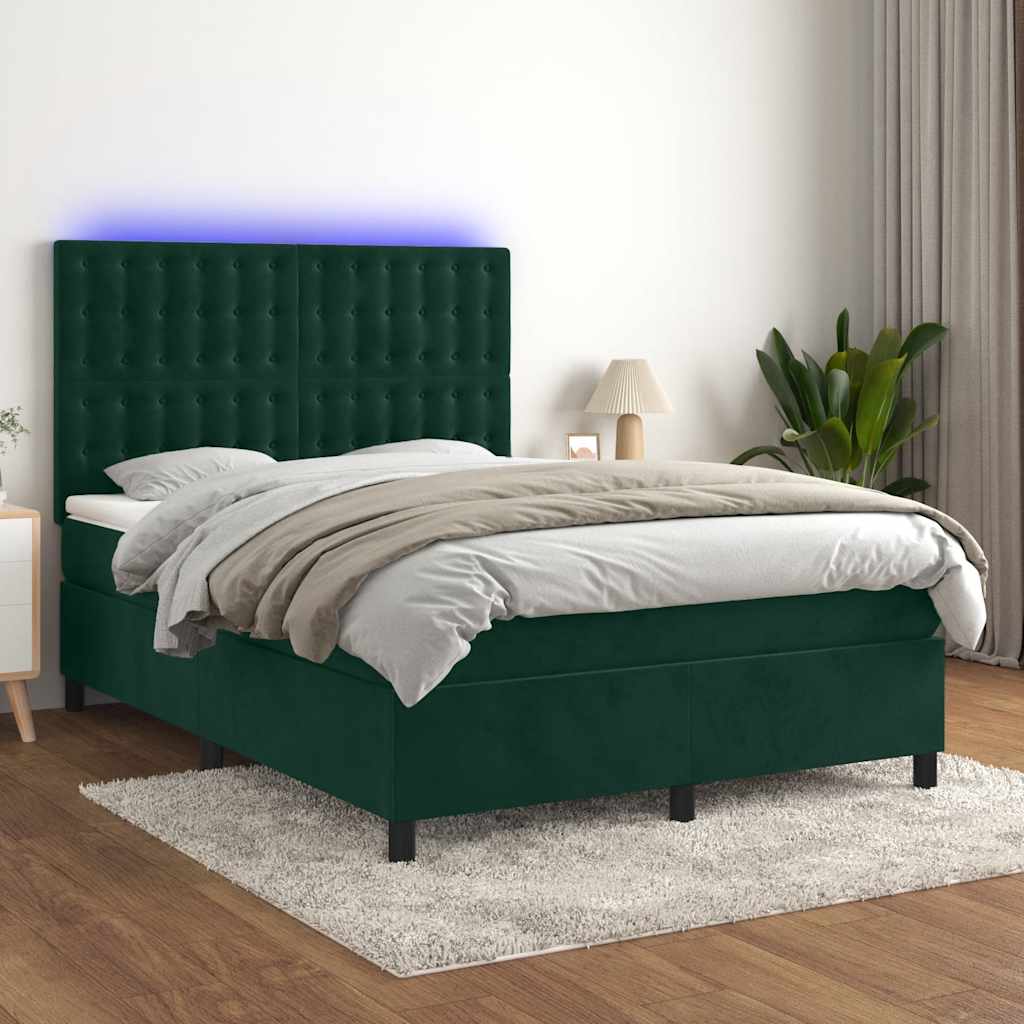 vidaXL Łóżko kontynentalne z materacem i LED zielony aksamit 140x200cm