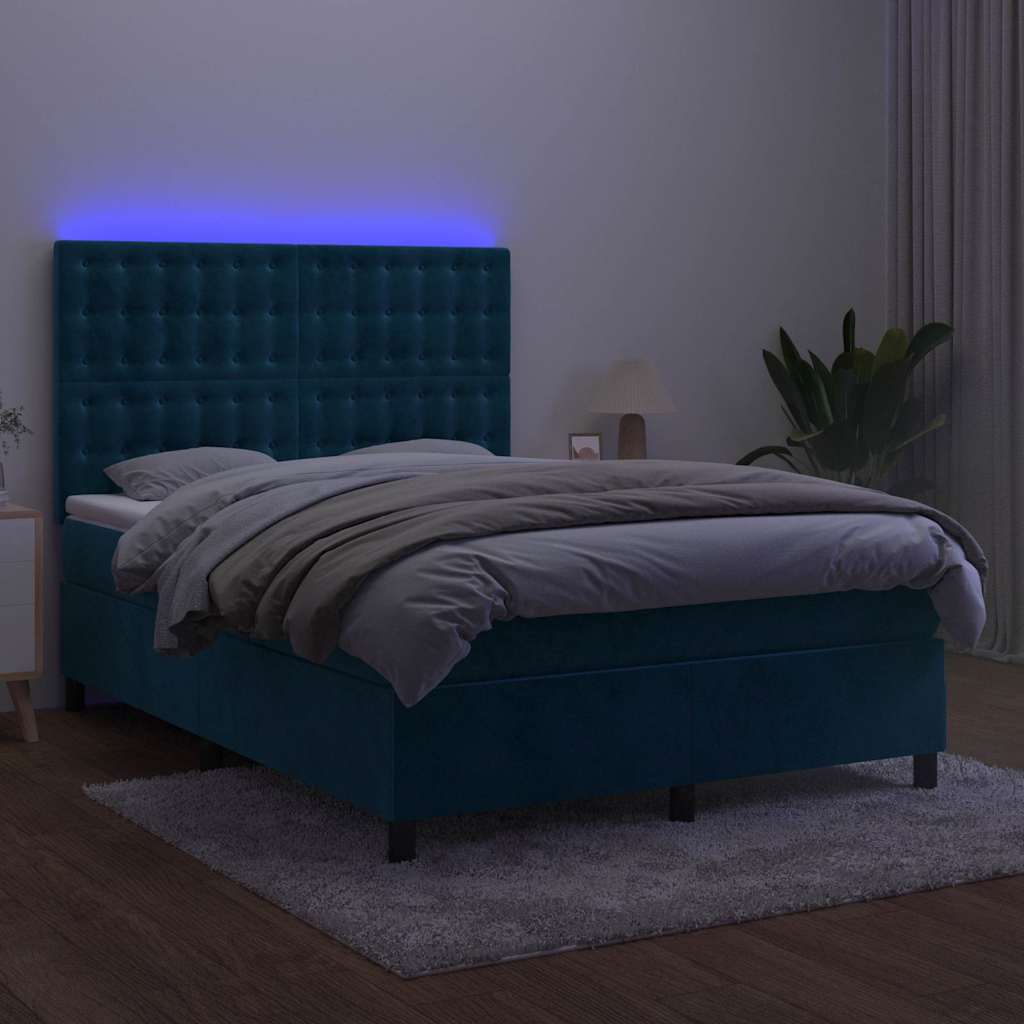 vidaXL Łóżko kontynentalne, materac i LED, niebieski aksamit 140x200cm