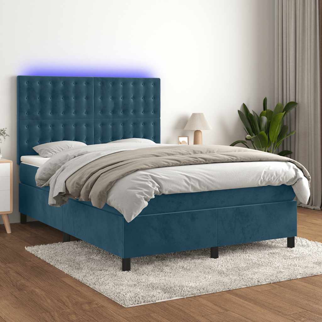 vidaXL Łóżko kontynentalne, materac i LED, niebieski aksamit 140x200cm