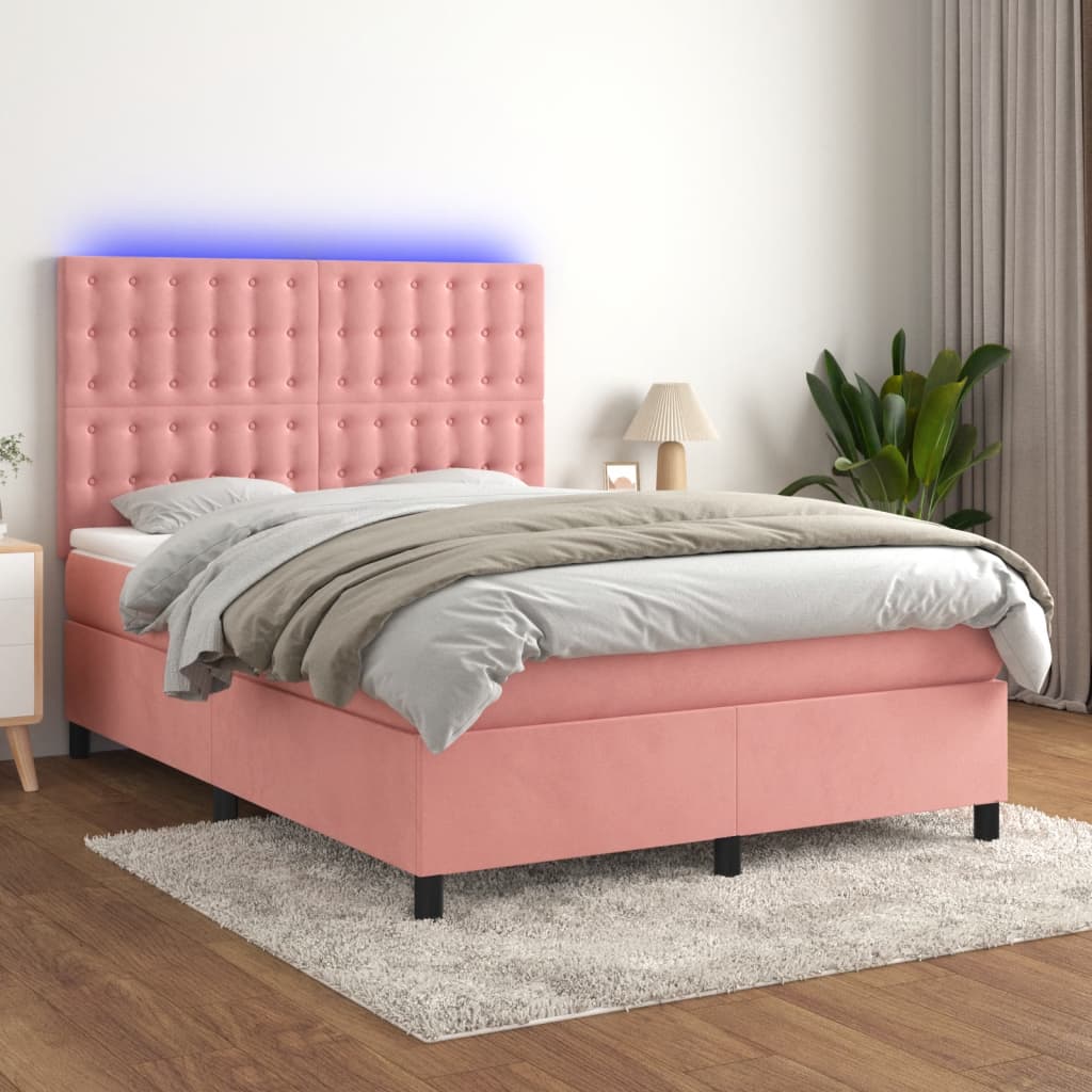 vidaXL Łóżko kontynentalne z materacem i LED, różowy aksamit 140x200cm