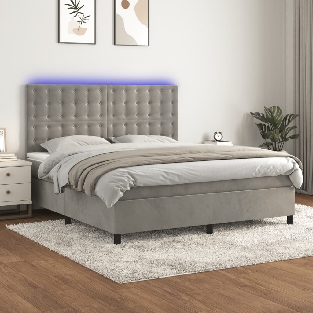 vidaXL Łóżko kontynentalne z materacem i LED, szare 160x200cm, aksamit