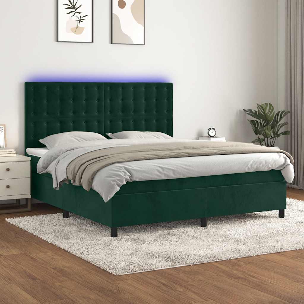 vidaXL Łóżko kontynentalne z materacem i LED zielony aksamit 160x200cm