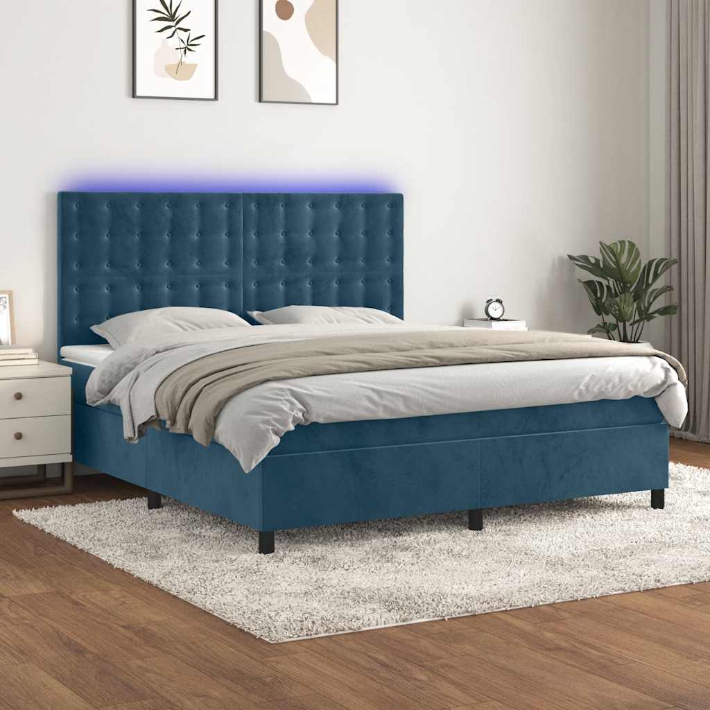 vidaXL Łóżko kontynentalne, materac i LED, niebieski aksamit 160x200cm