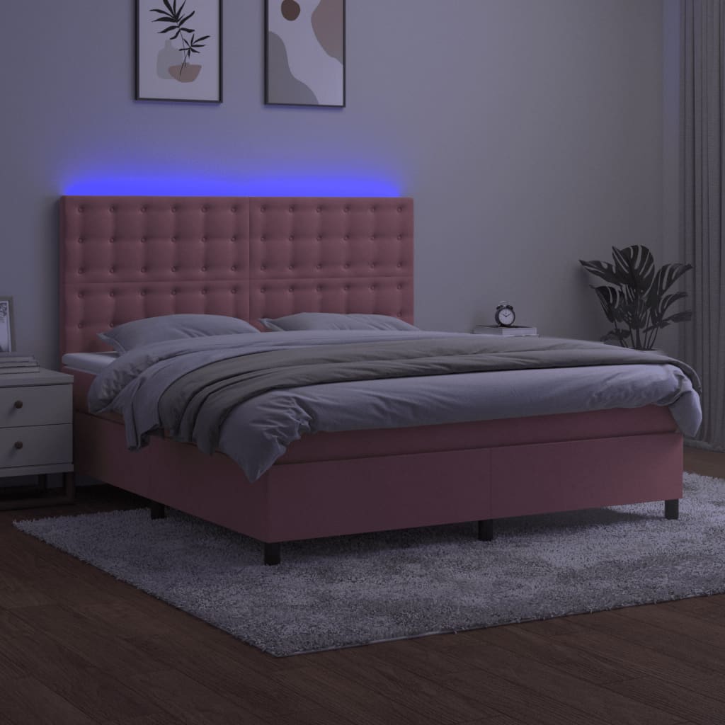 vidaXL Łóżko kontynentalne z materacem i LED, różowy aksamit 160x200cm