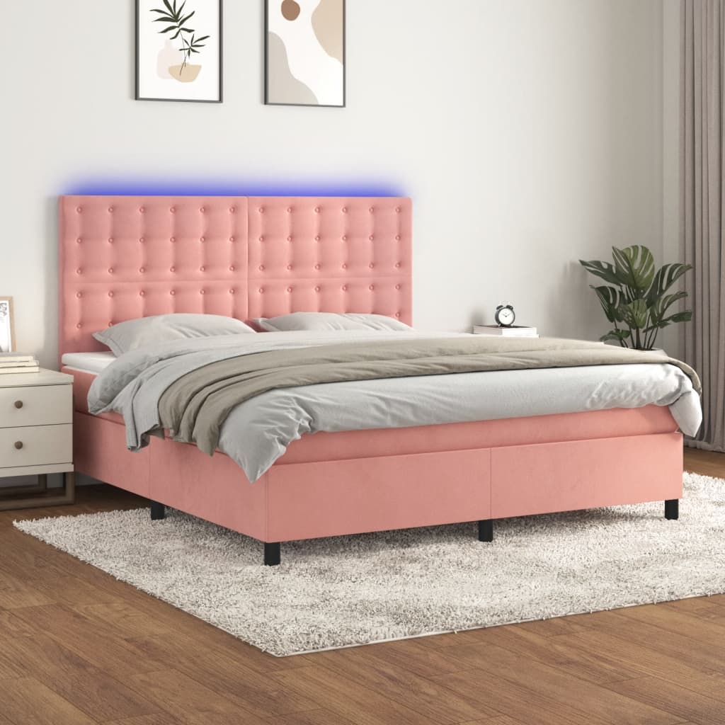 vidaXL Łóżko kontynentalne z materacem i LED, różowy aksamit 160x200cm