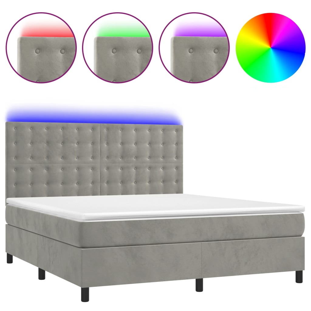vidaXL Łóżko kontynentalne z materacem i LED, szare 180x200cm, aksamit