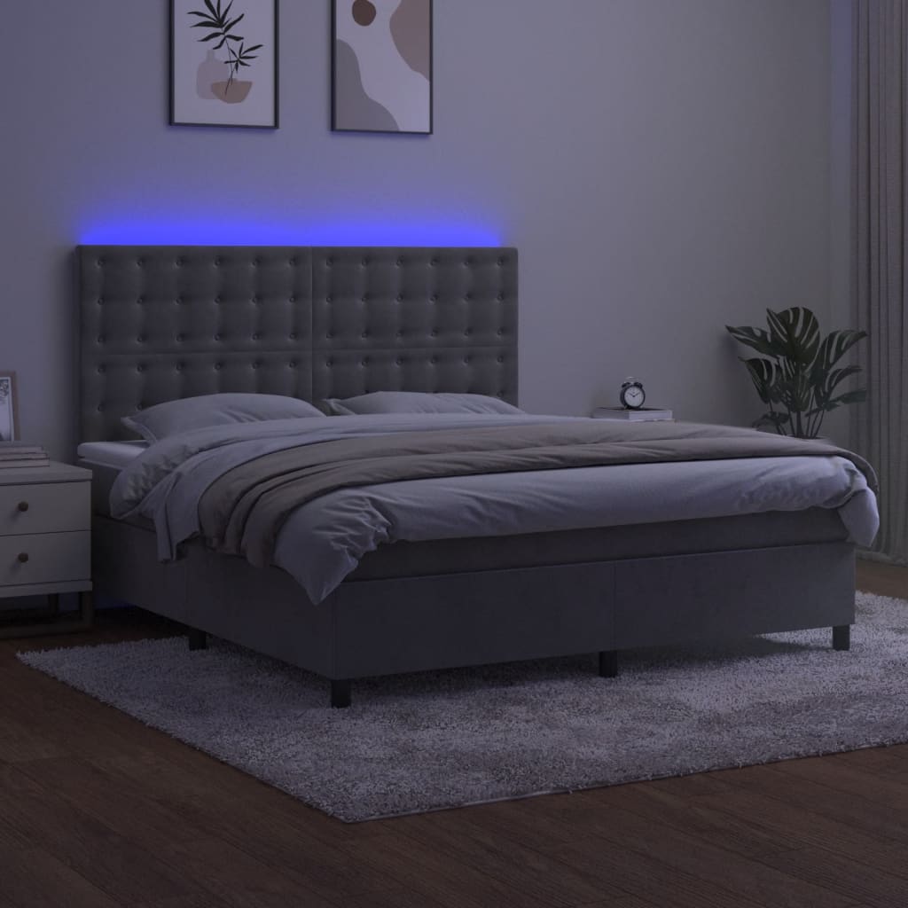 vidaXL Łóżko kontynentalne z materacem i LED, szare 180x200cm, aksamit
