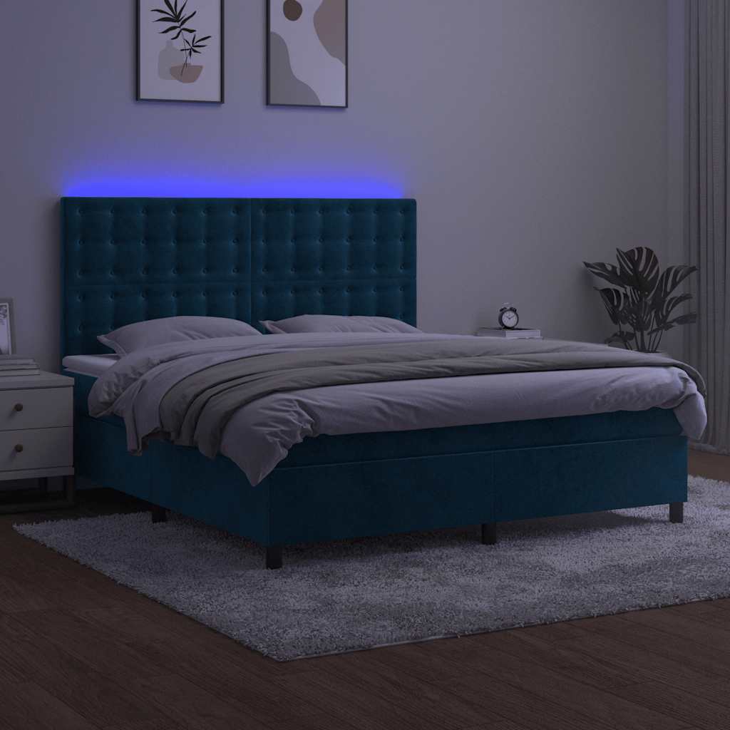 vidaXL Łóżko kontynentalne, materac i LED, niebieski aksamit 180x200cm