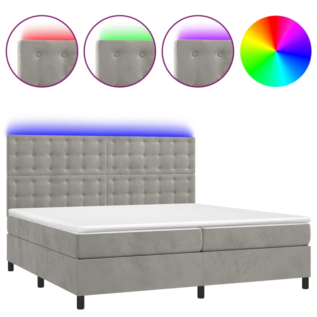 vidaXL Łóżko kontynentalne z materacem i LED, szare 200x200cm, aksamit