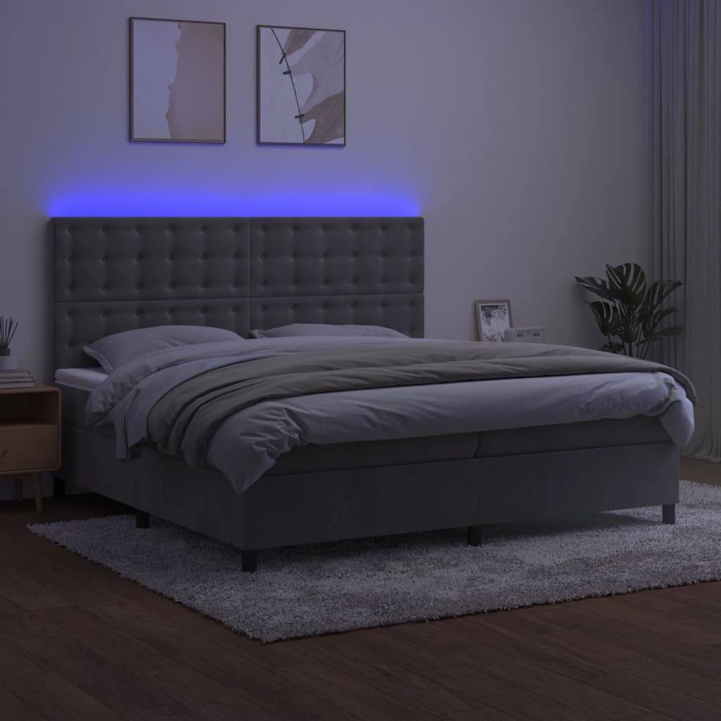 vidaXL Łóżko kontynentalne z materacem i LED, szare 200x200cm, aksamit