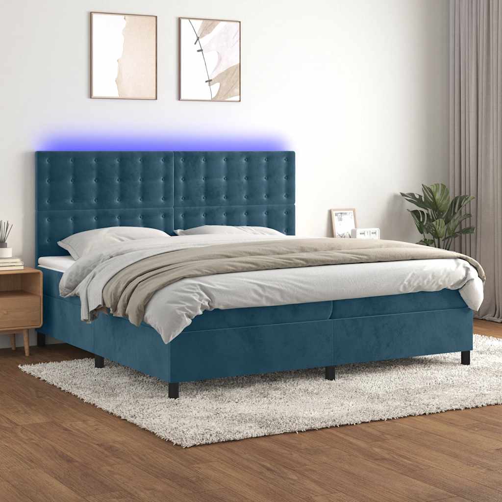 vidaXL Łóżko kontynentalne, materac i LED, niebieski aksamit 200x200cm