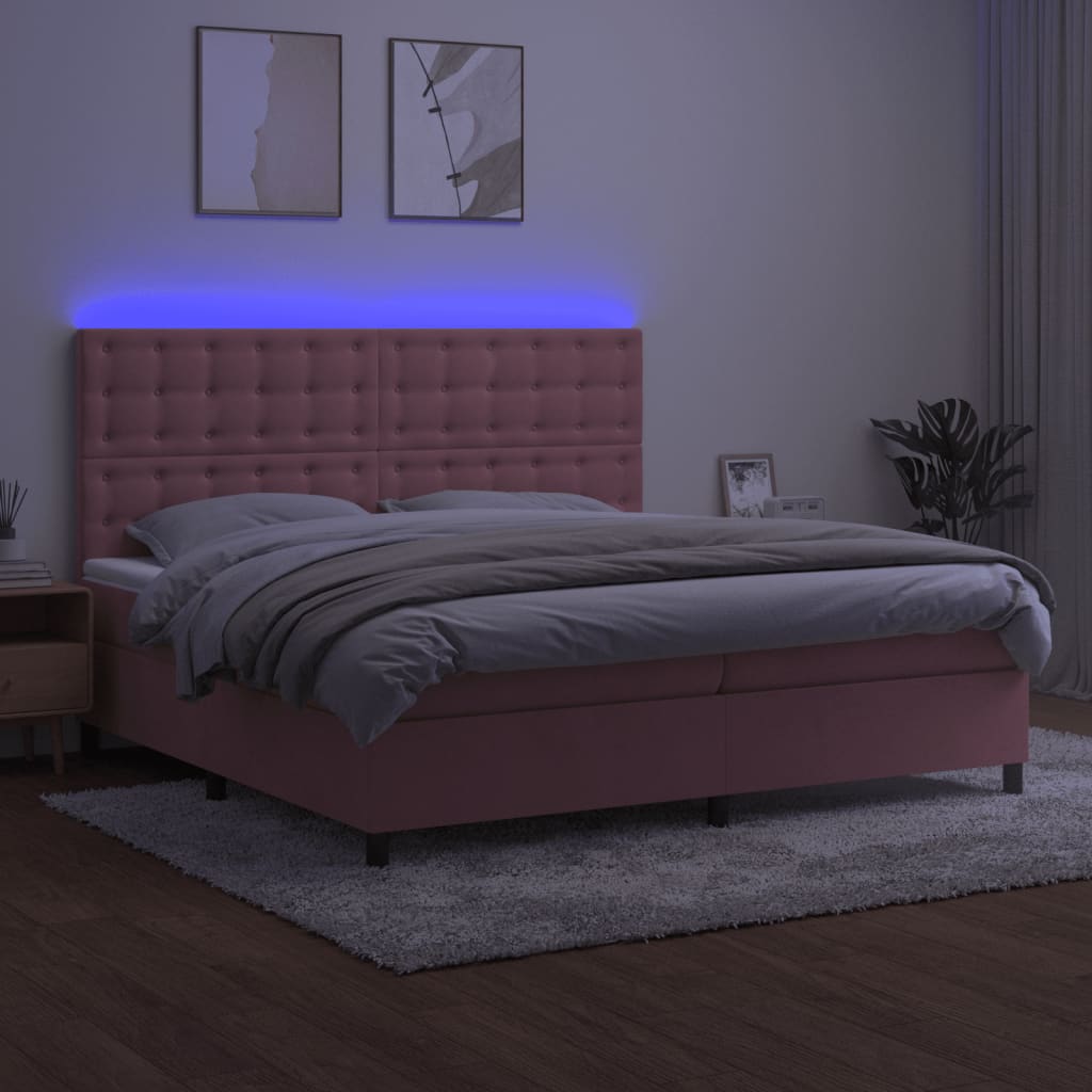 vidaXL Łóżko kontynentalne z materacem i LED, różowy aksamit 200x200cm